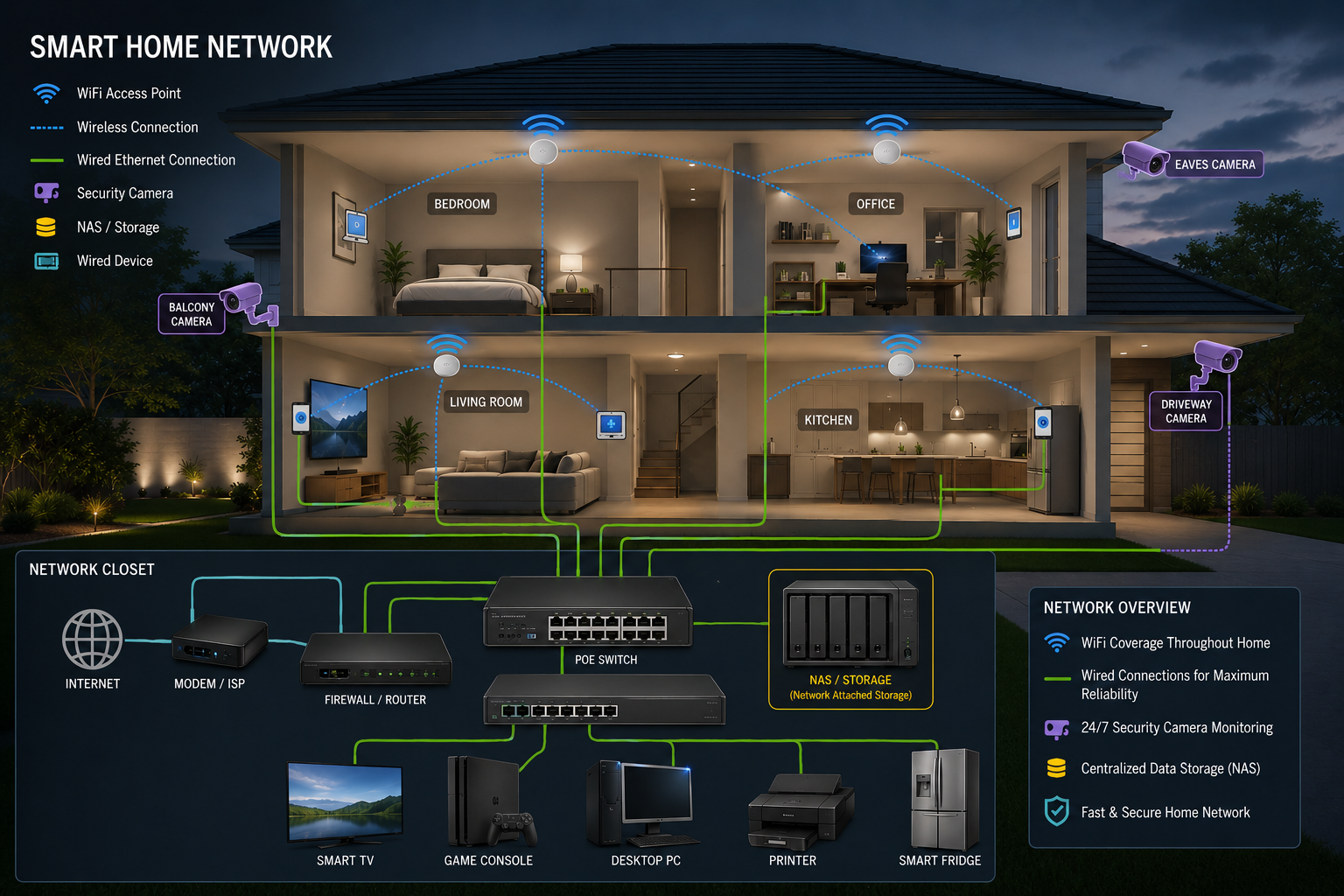 Smart home network example showing access points, cameras, wired devices, and network storage
